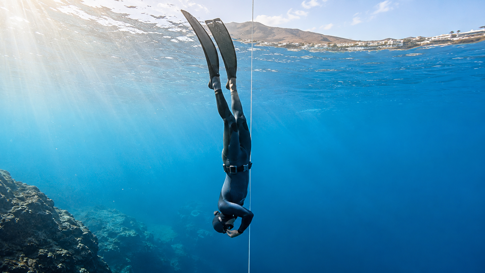 Freediving training buoy on flat turquoise water in Lanzarote